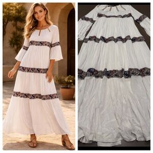 Boho White Maxi Dress with Geometric Embroidered Trim and Bell Sleeves Sz: 38/M